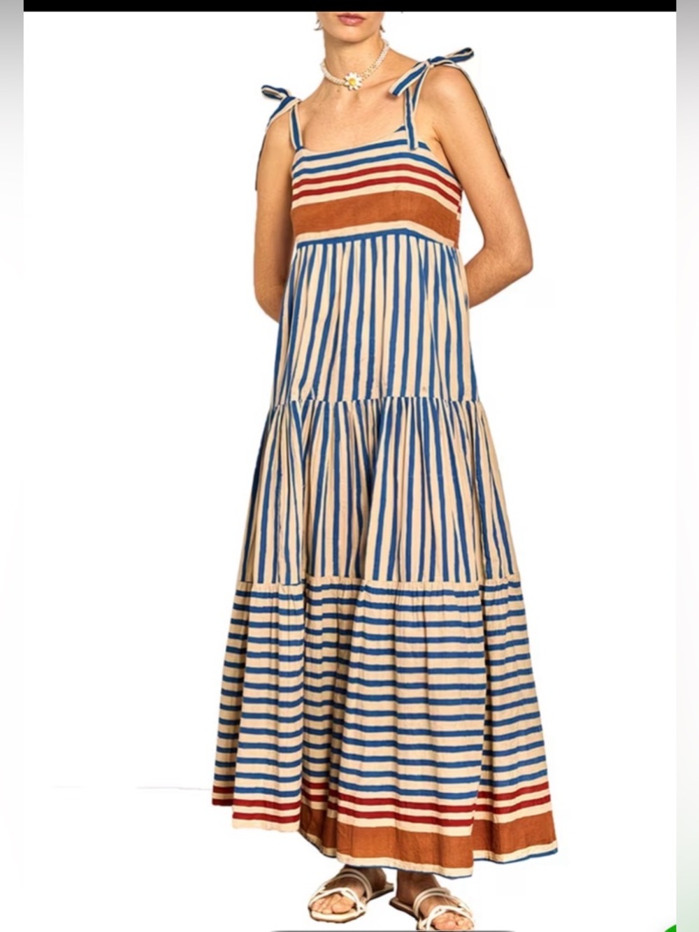 Striped Boho Maxi Dress Multicolor Blue/Tan/Rust Tie Straps